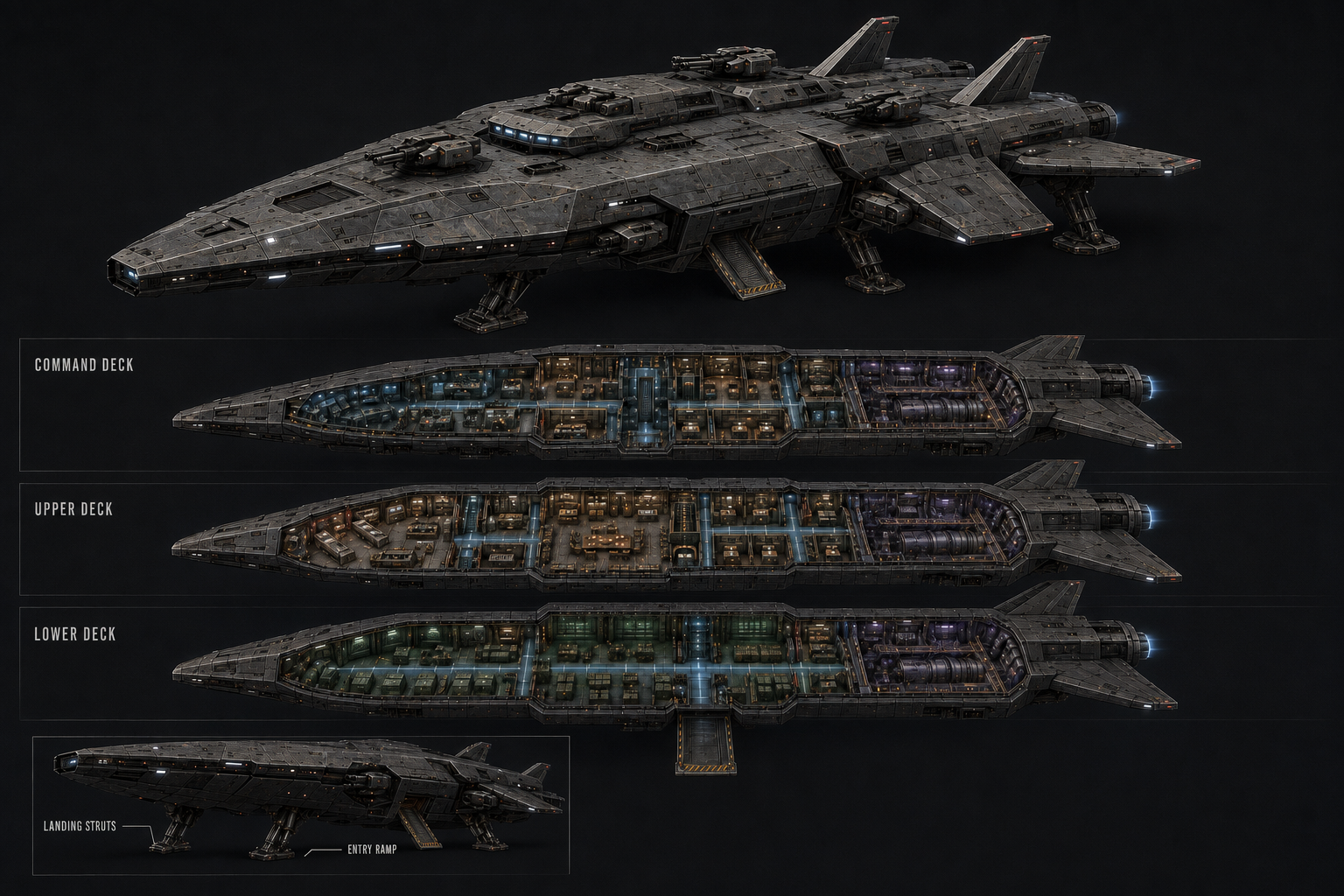 Three-Deck Cutaway aboard or featuring the Stubborn Dawn